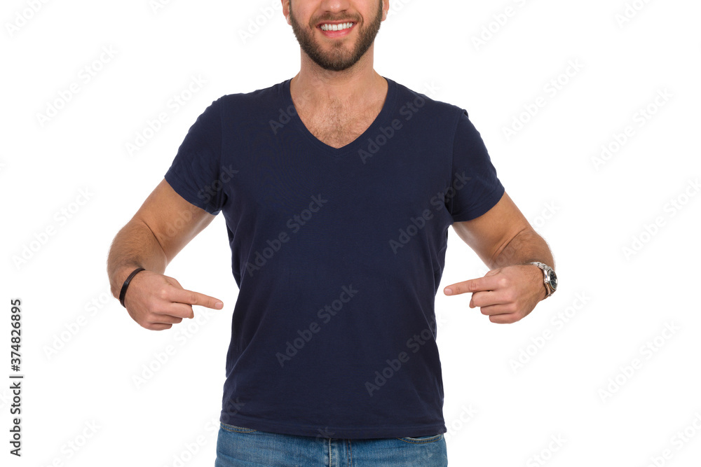 Close Up Of Man Pointing At His Blue T-shirt Close Up Of Man Pointing At His Blue T-shirt