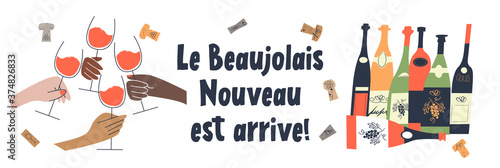 Beaujolais Nouveau has arrived, the phrase is written in French. Vector illustration.