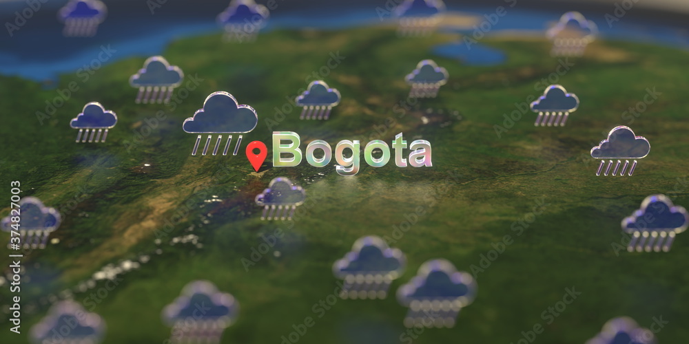 Rainy weather icons near Bogota city on the map, weather forecast related 3D rendering Rainy weather icons near Bogota city on the map, weather forecast related 3D rendering