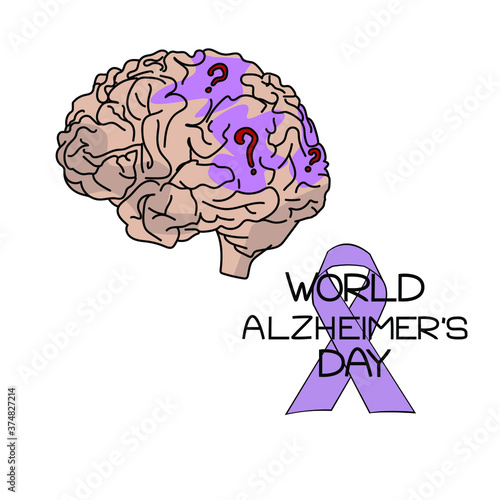 World alzheimer's day, themed illustration depicting the human brain with shaded areas and question marks, purple ribbon and inscription, vector 