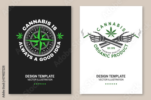 Medical cannabis poster, flyer, template with cannabis leaf, skeleton hand. Vector Typography logo design with cannabis leaf, wind rose silhouette For weed shop, cannabis, marijuana delivery service