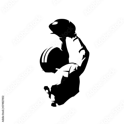 American football player catching ball, isolated vector silhouette, ink drawing