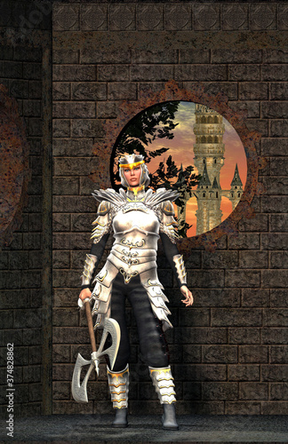 warrior queen in armor with ax  in the background a castle with sunset sky