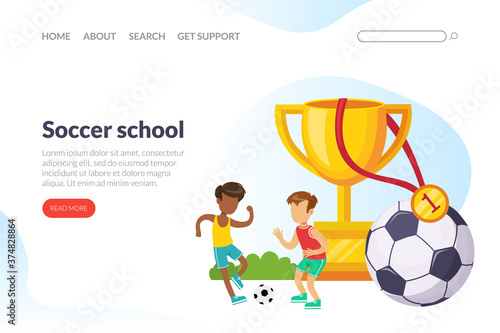 Soccer School Landing Page Template, School Children Sports Activity, Football Academy, Junior Tournament Website Cartoon Vector Illustration
