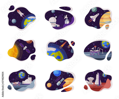 Space Scenes Set, Cosmos Industry Exploration Concept Themed Vector Illustration Backgrounds
