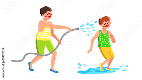 Children Playing And Splashing On Backyard Vector