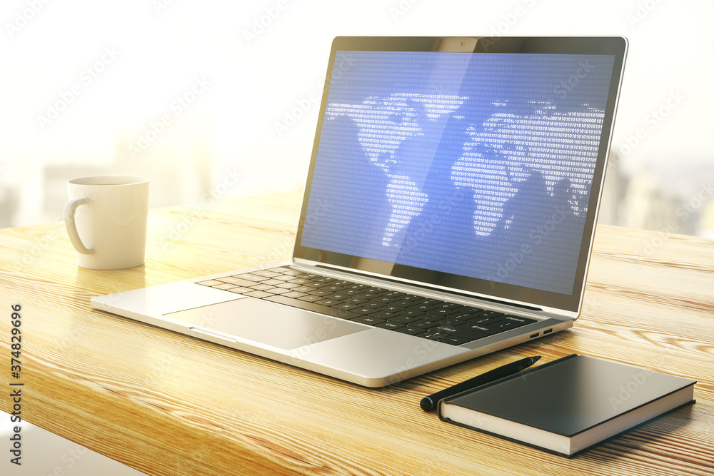 Fototapeta premium Modern computer screen with abstract creative digital world map, research and analytics concept. 3D Rendering