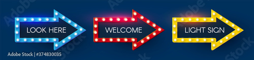 Shining retro light arrow sing set. Vintage banner with light bulbs. Cinema, theatre, ad, show and casino design.