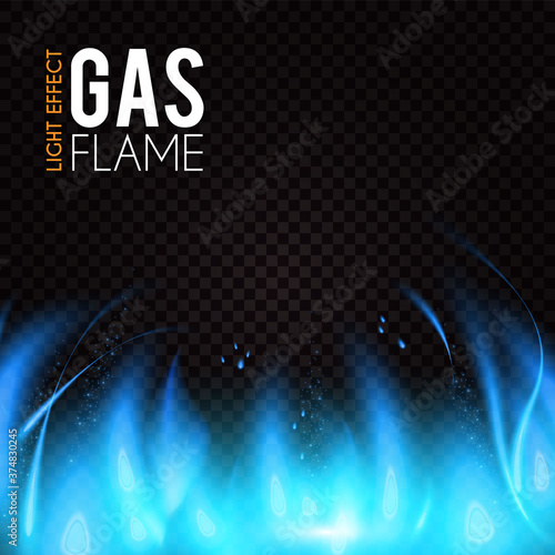 Gas flame. Blue fire effect. Neon light on transparent background.