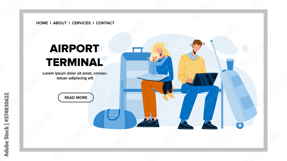 Family Waiting Airplane In Airport Terminal Vector Family Waiting Airplane In Airport Terminal Vector