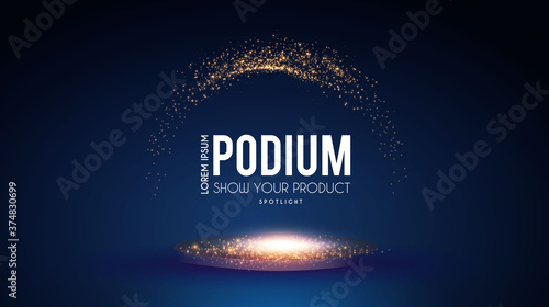 Show podium with spotlights. Presentation light effect. Illuminated winner place.
