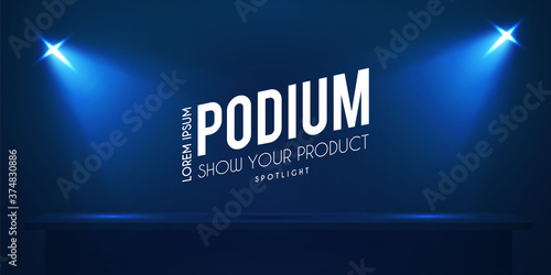 Show podium with spotlights. Presentation light effect. Illuminated winner place.