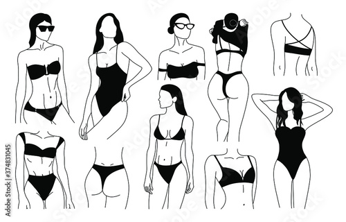 Stylish faceless lady. Hand drawn outline body parts, slim waist, beautiful bikini. Minimalist female logos, graphic icons. Black vector trendy illustration