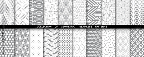 Geometric set of seamless gray and white patterns. Simple vector graphics.