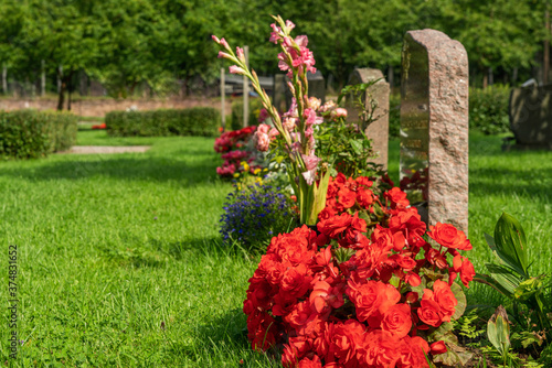 Row of graves with colorful flowers at a cemetery in Sweden