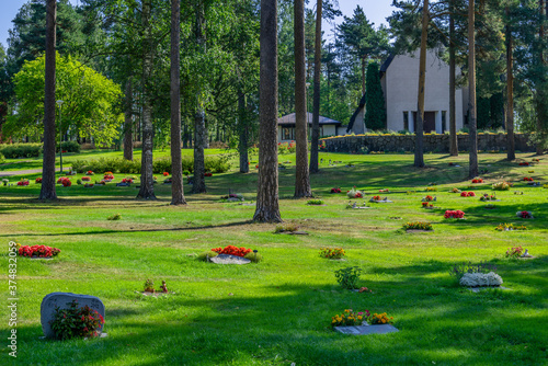 Beautiful cemetery and chapel in summer sunlight