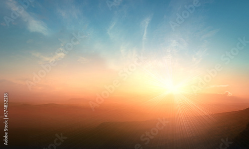 Backgrounds of inspire concept: Top of blue and orange mountain with sunshine sky sunset landscape. Mak Duk cliff, Phu Kradueng National Park, Loei, Thailand, Asia