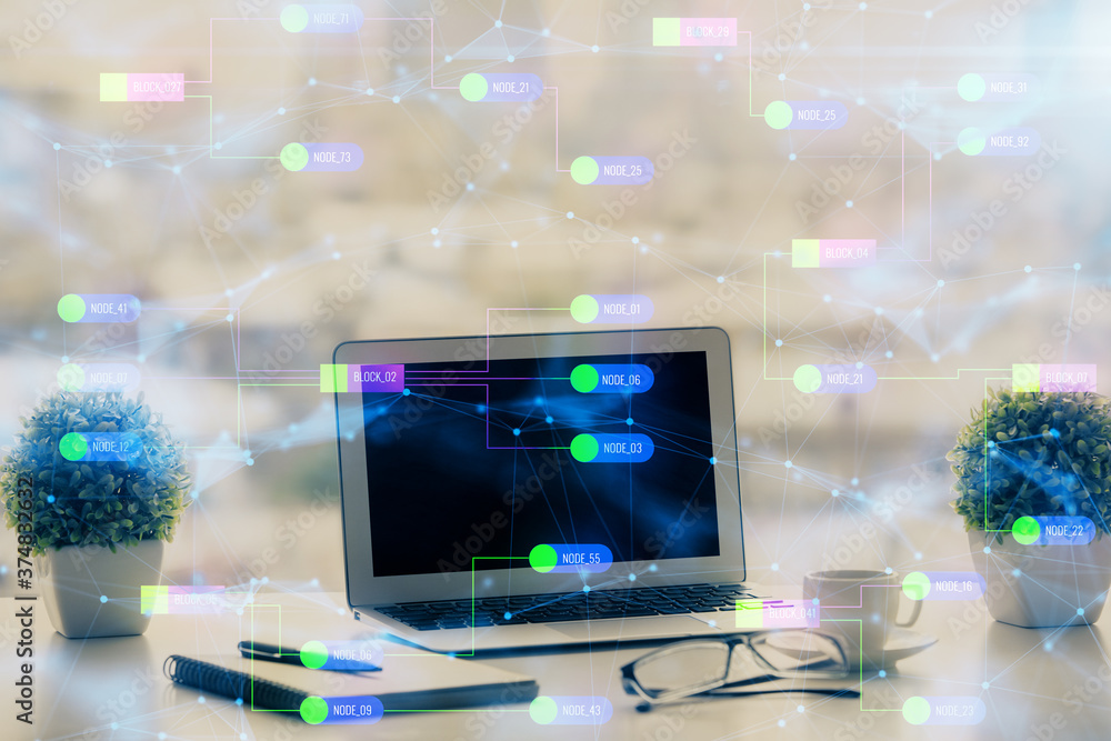 Double exposure of table with computer on background and data theme drawing. Concept of innovation. Double exposure of table with computer on background and data theme drawing. Concept of innovation.