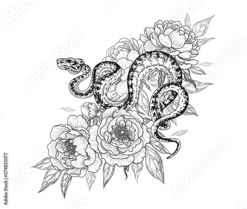 Vector Twisted Snake among  Peony Flowers