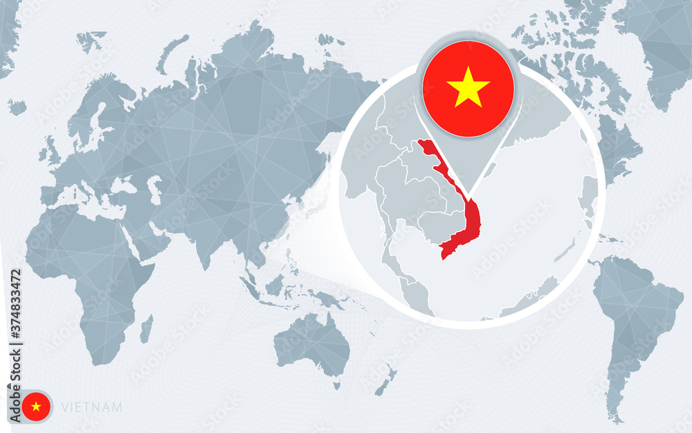 Pacific Centered World map with magnified Vietnam. Flag and map of Vietnam. Stock Vector Adobe