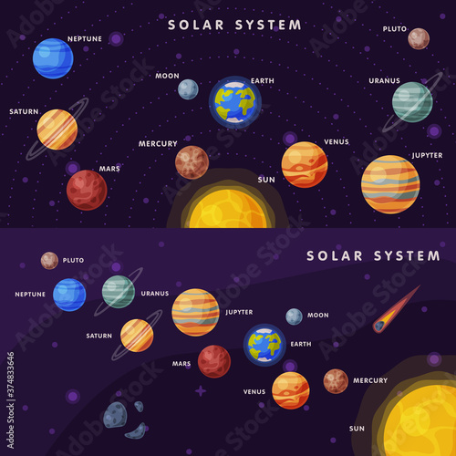 Solar System Banner Set, Earth, Saturn, Mercury, Venus, Earth, Mars, Jupiter, Saturn, Uranus, Neptune, Pluto, Moon Planets in Galaxy Universe Vector Illustration