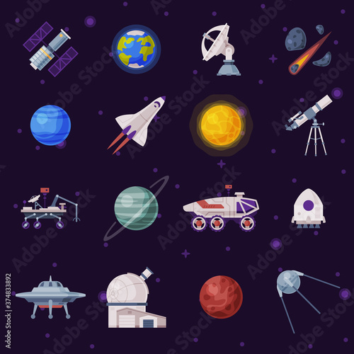 Space Objects Set, Cosmos Exploration, Space Industry Concept, Rocket, Rover, Artificial Satellite, Ufo, Planets Vector Illustration