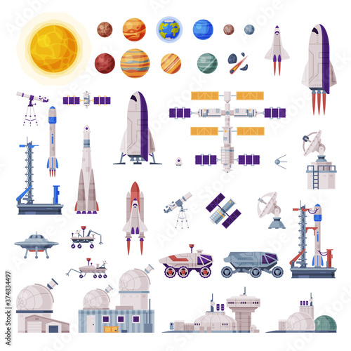 Fototapeta Naklejka Na Ścianę i Meble -  Space Objects Collection, Rocket, Shuttle, Rover, Artificial Satellite, Observatory, Spaceport, Space Industry Concept Vector Illustration