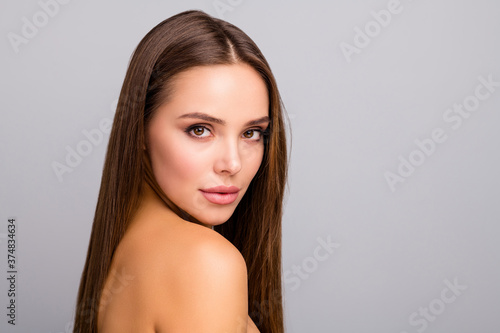 Close up photo of charming lovely girl have ideal perfect skin she get from skincare bodycare spa salon treatment look good isolated over grey color background