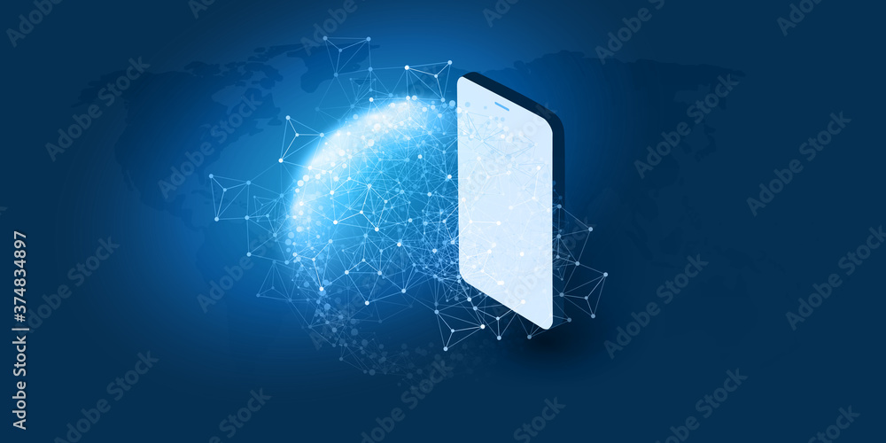 Abstract Blue Minimal Style Cloud Computing, Networks, Telecommunications Concept Design with Polygonal Mesh, Globe and Mobile Phone - Vector Illustration