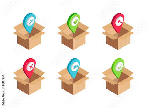 Isometric delivery transportation services icon set. 3d plane, van cargo, search, home, done, cancel symbols in open cardboard box. Vector Illustration for infographics, web, mobile app, social media