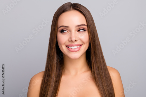Close-up portrait of her she nice-looking attractive lovely charming cute cheerful cheery straight-haired girl perfect skin therapy isolated over gray pastel color background