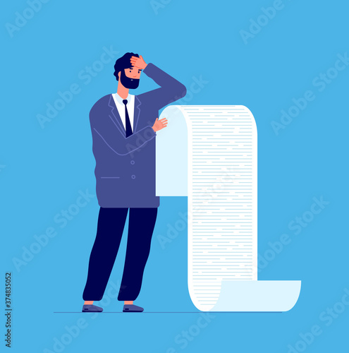 Man holding long list. Businessman debt scroll, manager reading reporting bank or lawyer. Male with bankruptcy paper letter vector concept. Businessman with paper holding report illustration