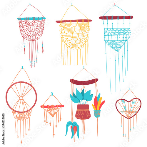 Macrame vector cartoon set isolated on a white background.