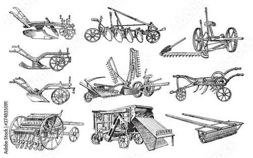 Old plough and agriculture machinery collection - vintage engraved vector illustration from Larousse du xxe siècle photo