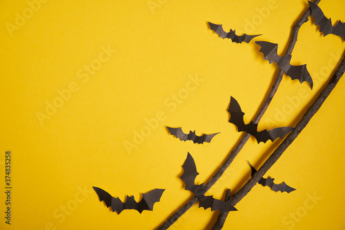 Halloween decoration concept black paper bats dry branch stick yellow cardboard background