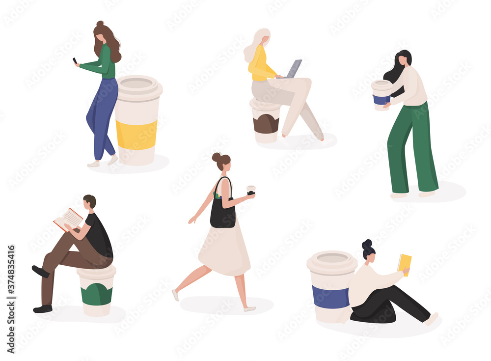 Set of small people sit on a large cup, holding and drink coffee. Concept coffee break, coffee shop, communication and work/education.