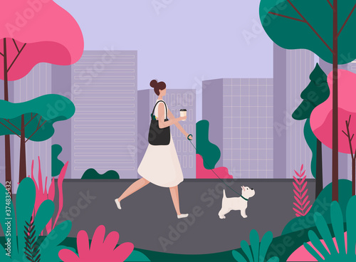 Woman walking a dog. Healthy active lifestyle colorful characters vector.