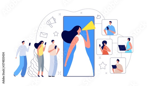 Referral marketing. Refer friend, internet influence customer group. Creative loyalty program, phone client invitation vector illustration. Program marketing, mobile promo metaphor