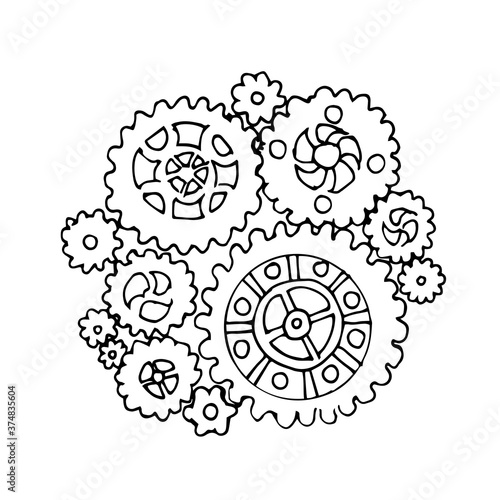 Steampunk gear collection. Vintage transmission cogwheels and gears. Can be used for industrial, technical, mechanical and steampunk design. Hand-drawn. Coloring page for children and adults.