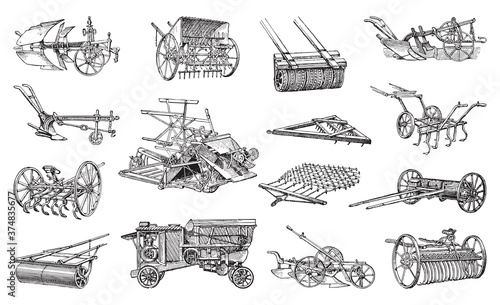 Old plough and agriculture machinery collection - vintage engraved vector illustration from Larousse du xxe siècle photo