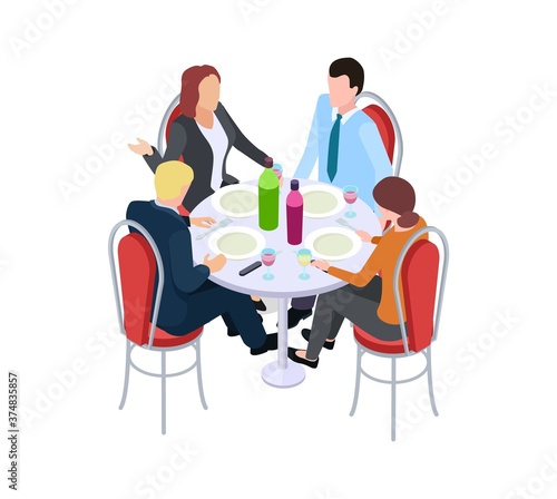 Business meeting. Collegues in cafe, work lunch. Isometric man woman eating drinking and communicate. Teamwork or corporate festive vector illustration. Business lunch in cafe, together conversation
