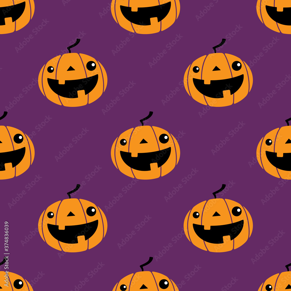Obraz premium Cartoon smiling pumpkins isolated on a purple background. Vector seamless pattern. Halloween backdrop. Flat illustration for textile, wrapping paper, wallpaper, web design.