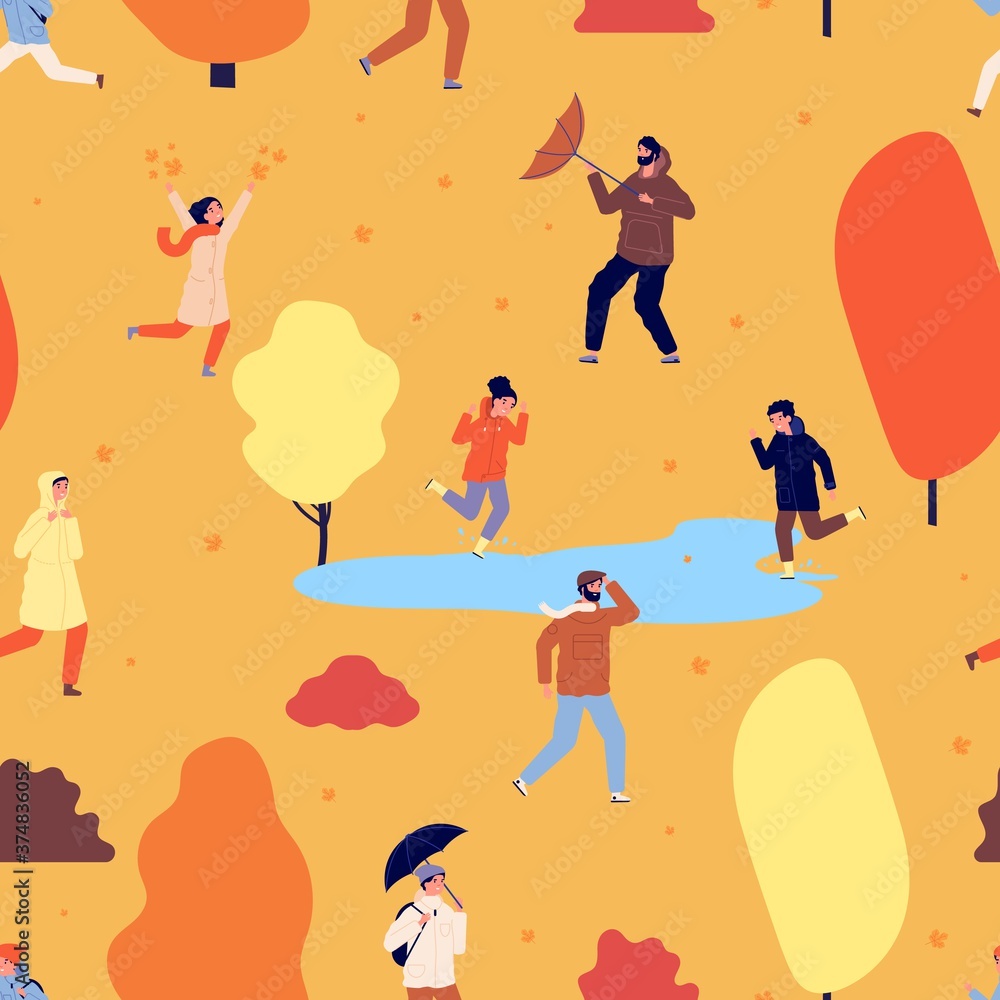 Autumn season pattern. People walking in park, fall time illustration. Flying leaves, happy children and adults with umbrella vector seamless texture. Illustration autumn park, people pattern