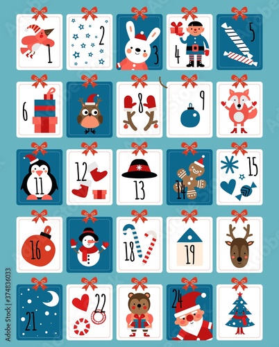 Advent calendar. Winter christmas numbers, cute surprising cards. Xmas present animal, santa claus snowflakes. December gift vector illustration. Greeting decoration to xmas holiday, calendar number