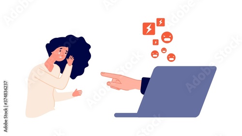 Cyberbullying and harassment. Social network pressure, Internet aggression. Young depressed girl cries vector illustration. Harassment and cyberbullying, bullying problem