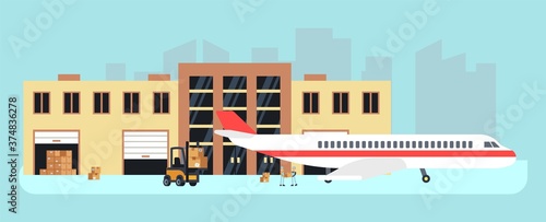 Delivery by plane. Cargo aircraft, loading for transportation. Stock or airport warehouse, air logistic vector illustration. Cargo aircraft delivery, plane transportation business