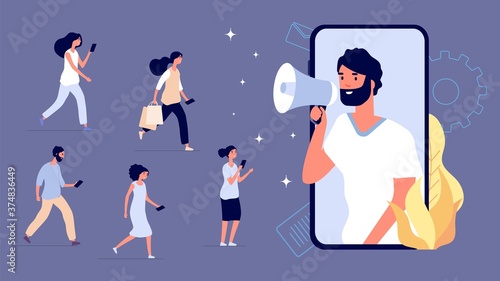 Marketing influence. Business influencer, mobile blogger with megaphone and fans. Flat buyers, strategy product promotion in internet vector illustration. Promotion smm, social influencer content