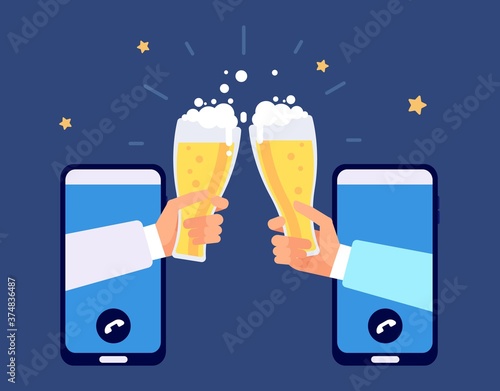 Online beer party. Internet friendship, friends drinking by smartphone. Phone party, e-bar Oktoberfest distance festival vector illustration. Beer party online, beverage alcohol drink