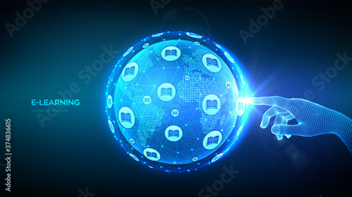 E-learning. Innovative online education technology concept. Hand touching Earth globe world map point and line composition. Webinar, online training courses. Skill development. Vector illustration.