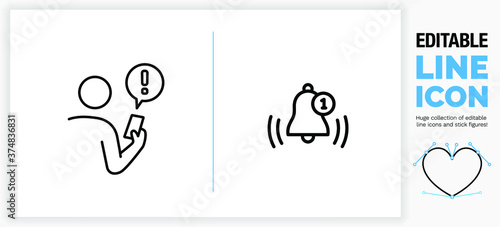 Editable line icon of a mobile alert and a notification bell